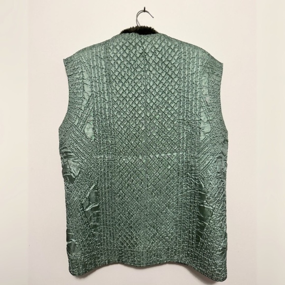 Vintage Green Metallic Faux Fur Trim Collar Zip Vest Women's L - Picture 2 of 2